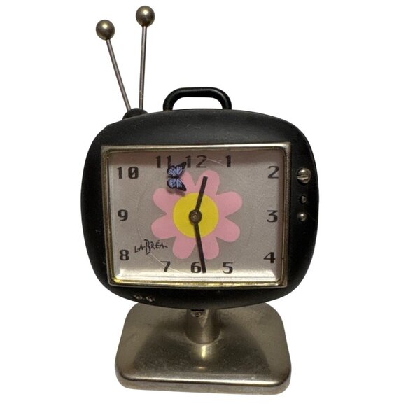 La Brea Desk Clock Retro Mini TV Pink Flower Butterfly 2" Black Silver 2 x1.5x1" - Picture 1 of 10